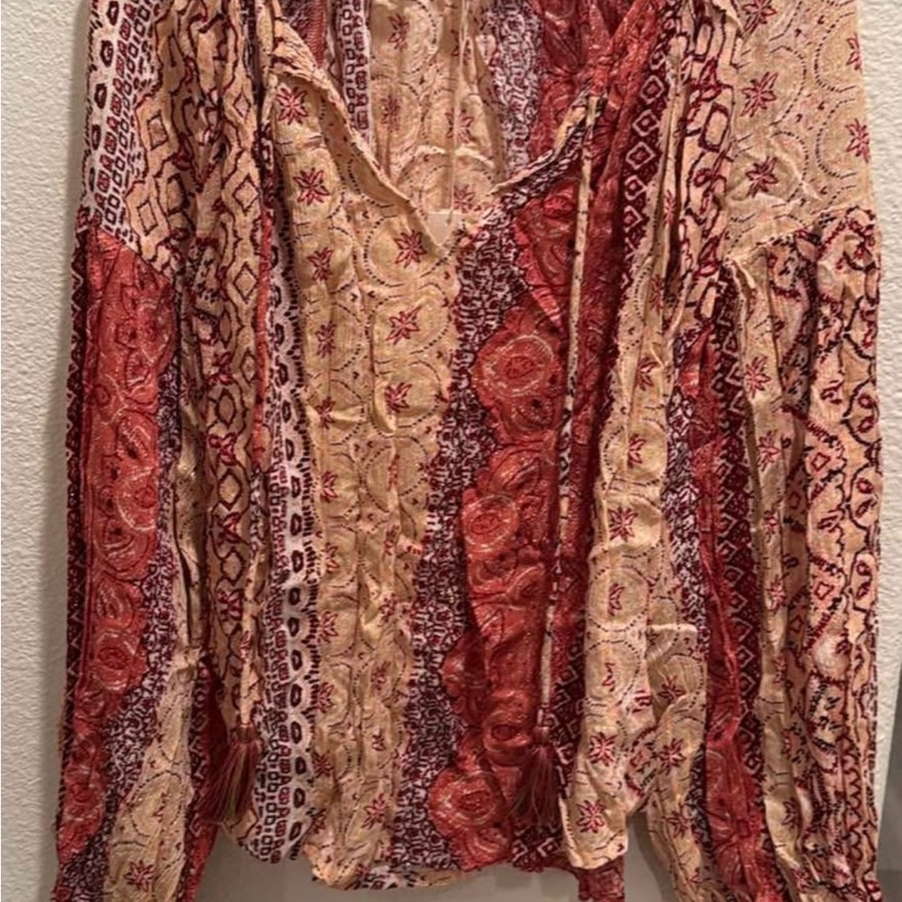 Lovestitch Relaxed Red and Tan Long Sleeve Blouse